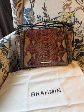 Brahmin Hillary Multitone Python-Embossed Leather Shoulder Bag in Red and Brown